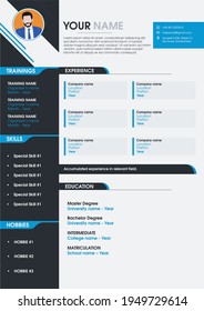 Professional and modern Cv Resume template with new latest style incorporated for business. Cool blue colored minimalist design idea with high quality vector. Company employee profile 