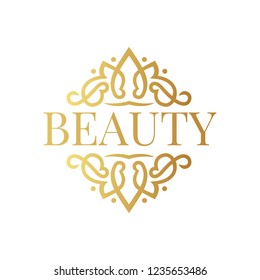 Professional modern golden logo for a beauty salon, hair salon or beauty pageant. Consists of two queen crowns. Template vector image on a white background.