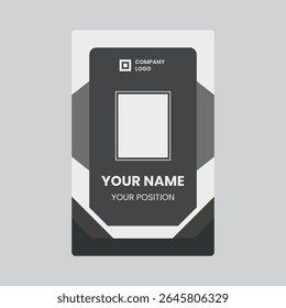 a professional, modern ID badge design. The badge is vertically oriented with a predominantly gray and white color scheme.