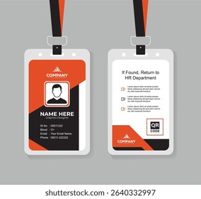 Professional Modern ID Card Template for Corporate Staff and Employees Editable Design with QR Code in Orange, Black, and White