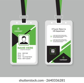 Professional Modern ID Card Template for Corporate Staff and Employees Editable Design with QR Code in Green, Black, and White