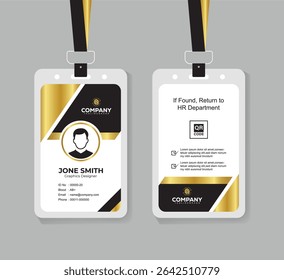 Plantilla moderna de la tarjeta de la identificación del Profesional para el personal Corporativa y el diseño editable de los empleados con QR naranja en oro, negro y blanco