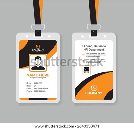 Professional Modern ID Card Template for Corporate Staff and Employees Editable Design with QR Code in Orange, Black, and White