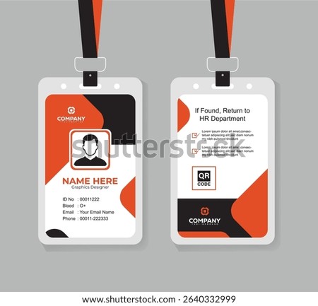 Professional Modern ID Card Template for Corporate Staff and Employees Editable Design with QR Code in Orange, Black, and White