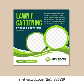 Professional modern Lawn and gardening services social media post template or web banner promotion agriculture with abstract green editable modern square poster design. vector illustration photo space