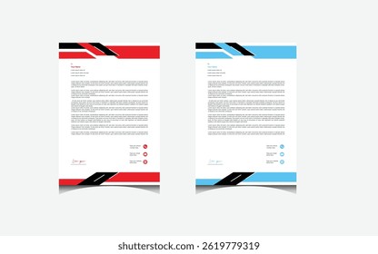 Professional modern letterhead templates in red and blue color schemes, featuring a sleek geometric design—ideal for business correspondence, branding, and corporate communication