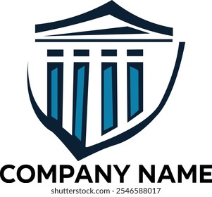 "Professional and modern logo design featuring a shield with a pillar motif, symbolizing strength, security, and justice, perfect for law firms, corporate branding, or governmental organizations."

