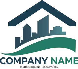 A professional and modern logo featuring a stylized house roof above a city skyline, with a green swoosh symbolizing growth and sustainability. The design conveys themes of urban development, real est