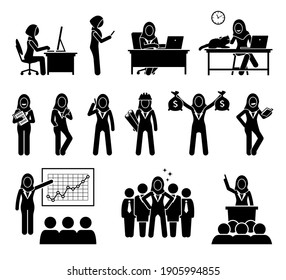 Professional modern Muslim executive businesswoman working in office. Vector of Islamic business woman wearing a hijab working with computer, talking at phone, earning money, and being leader or CEO.