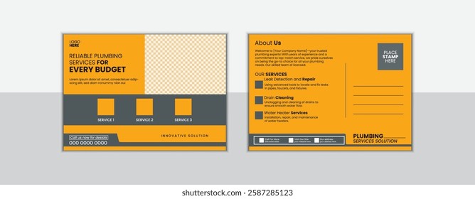 professional modern plumbing Postcard Template Design, Simple and Clean Modern Minimal Postcard Template, plumber Postcard, plumber marketing card, plumbing promotion card.
