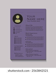 A professional, modern resume template with a clean layout and a muted purple background. Fully editable and ideal for showcasing skills and experience.