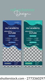 Professional and modern roll-up banner design for educational institutions, training centers, and online learning platforms. This clean, blue-themed layout features course highlights, key benefits, and a strong call-to-action, making it ideal for promoting software development, graphic design, digital marketing, and language courses. Perfect for seminars, workshops, academies, and educational events.