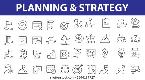 A professional and modern set of 40 planning and strategy vector line icons. Includes checklist, calendar, mindmap, target, lightbulb, pie chart, graph, gear, strategy board, clock, roadmap