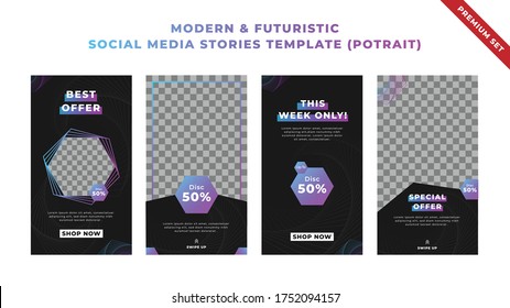 Professional modern social media stories template (in vertical potrait size). Abstract violet geometric pattern in square size. Editable and template