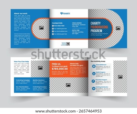 The professional and modern square tri-fold brochure template is designed to promote charity fundraising events, motivate donations, and effectively engage supporters for your cause.