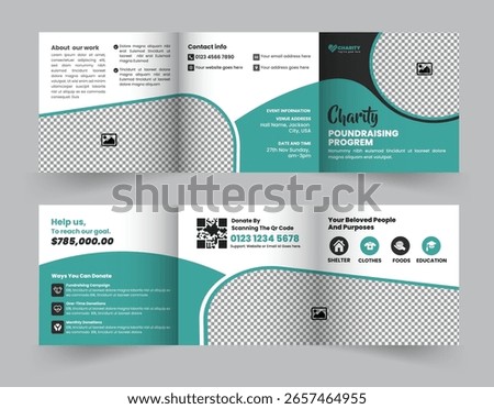 The professional and modern square tri-fold brochure template is designed to promote charity fundraising events, motivate donations, and effectively engage supporters for your cause.