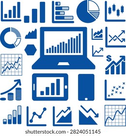 A professional and modern vector icon set showcasing multi-device financial analytics, market trading statistics, and business growth charts isolated on a white background. The collection features a central theme of responsive data visualization across a laptop screen, digital tablet, and smartphone display, framed by individual icons for candlestick charts, scatter plots, coin stack growth graphs, pie charts, and multi-line grids. This clean, blue-toned graphic asset pack is an exceptional resource for creating financial app user interfaces, corporate dashboard mockups, trading blogs, and marketing presentation slides.#BusinessAnalytics #FinancialGraphVector #MultiDeviceDashboard #DataVisualization #StockMarketIcons #TechUiDesign #GrowthCharts #InfographicElements #BlueMinimalistIcons #CorporatePresentation