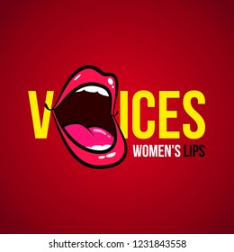 
Professional modern voice logo with an image of beautiful female lips on a red background. Made in the style of retro comics and pop art.