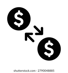 Professional money transfer icon featuring currency symbols connected by directional arrows representing fund transfers, financial transactions, and currency movement. Ideal for banking websites, fintech platforms, payment systems, mobile banking apps, remittance services, financial dashboards, and online transaction interfaces.
