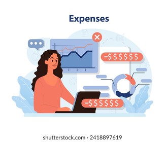 Professional monitoring business expenses. Woman at desk, assessing financial charts with declining trends and dollar signs. Cost management and reduction focus. Flat vector illustration.