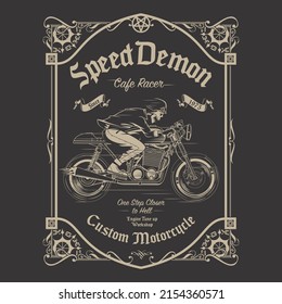Velocidad Demon Skeleton rider en monocromo, arte vintage adecuado para la impresión de camisetas, afiches o cualquier otro propósito