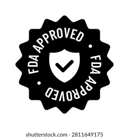 Professional monochrome vector FDA Approved badge featuring a premium certification seal with a shield and check mark, symbolizing regulatory compliance, product safety, and quality assurance. Ideal for pharmaceutical products, medical devices, healthcare branding, cosmetics, dietary supplements, food packaging, certification labels, regulatory documentation, and marketing materials.