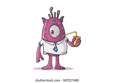 Professional Monster drinking cold drink . Vector Illustration. Isolated on white background.