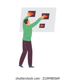 Professional motion designer or video editor edits materials, flat cartoon vector illustration isolated on white background. Motion designer editing project.