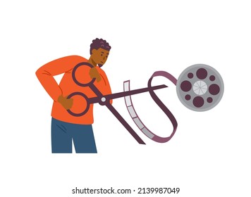 Professional motion designer or video editor man character cutting film tape, flat cartoon vector illustration isolated on white background. Animation and video creator.