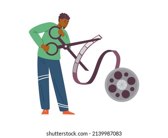 Professional motion designer or videographer cartoon character with huge scissors cutting footage, flat vector illustration isolated on white background.