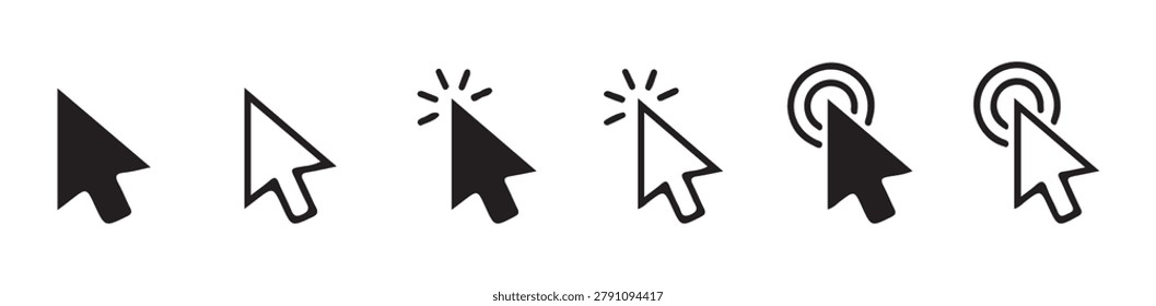 Professional mouse pointer silhouettes including standard arrow and active clicking symbols for web navigation.