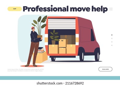Professional move help concept of landing page with man with plant at truck car with cardboard boxes shipping to new house for relocation. Moving to new apartment. Cartoon flat vector illustration