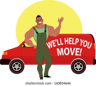 Professional mover and moving van will help you move to a new home, vector cartoon