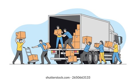 Professional movers carefully loading and unloading boxes into a large delivery truck for efficient relocation services