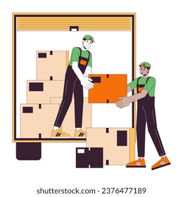 Professional movers line cartoon flat illustration. Multicultural male shippers loading moving truck 2D lineart characters isolated on white background. Carrying box scene vector color image