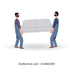 Professional movers in protective masks moving sofa. Loader carry new furniture. Men workers holding couch. Males in uniform from delivery and relocation service. Flat vector illustration