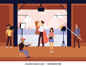 Professional movie production. Cinema crew with director and actors playing role shooting a romantic scene film in the studio. Flat vector illustration.