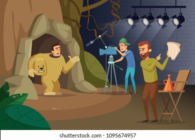 Professional movie production. Videographer and actors. Production film, professional cinema industry. Vector illustration