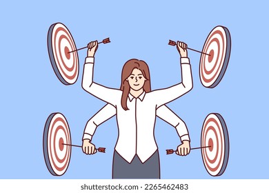 Professional multi-armed woman manager strikes performs several business goals at same time multitasking. girl among targets for darts symbolizes concentration on professional skills and goals 