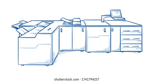 Professional multifuncional digital production printing machine for print shops. Hand drawn line art cartoon vector illustration.