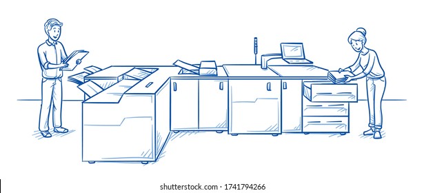 Professional multifuncional digital production printing machine for print shops with two people operating it. Hand drawn line art cartoon vector illustration.