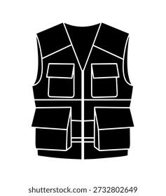 Icono de Profesional del chaleco de la utilidad del multi-bolsillo, silueta negra del chaleco táctico del workwear, Vector al aire libre de la ropa de la pesca y de la caza