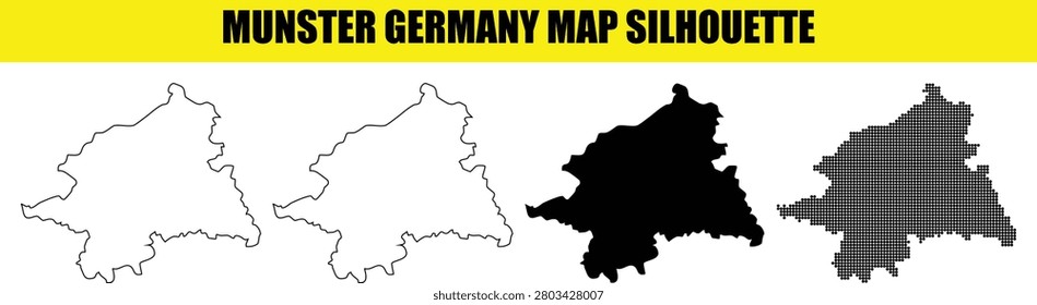 Professional Munster map set for geographic projects. Detailed city borders in Germany. Transparent background design. Includes solid black shape and creative dot version. Useful for travel guides.