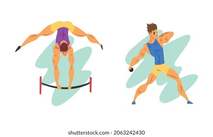 Professional Muscular Man Athlete Engaged in Sport Action Training Body Vector Set