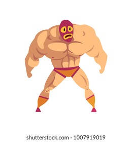 Professional muscular wrestler standing in pose. Mixed martial artist. Combat sport. Cartoon strong man character in red mask and sports shorts. Flat vector design