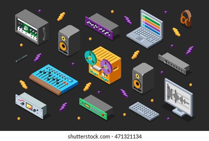 Professional Music Recording Studio 3D Isometric Illustration on Dark. Low Poly Flat Design. 