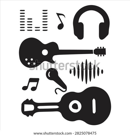 Professional music vector illustration set featuring electric guitar, acoustic guitar, headphones, microphone, musical notes, sound waves, and audio elements in bold black silhouette style. This versatile music graphic collection is perfect for t-shirt designs, music logos, band branding, posters, album artwork, stickers, social media graphics, event flyers, and merchandise. Ideal for musicians, singers, DJs, music producers, bands, and creative designers.