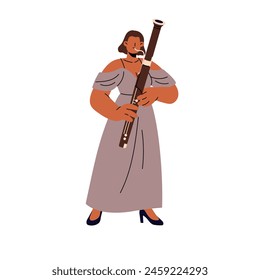 Professional musician blowing bassoon. Woodwind instrument player plays in symphony concert. Artist in elegant dress is in classical music performance. Flat isolated vector illustration on white