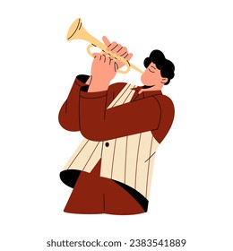 Professional musician blowing in golden horn. Young man performs on wind instrument. Blues performer plays trumpet solo. Jazz performance. Orchestral class. Flat isolated vector illustration on white.