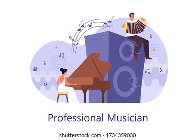 Professional musician concept. Woman playing grand piano and man with accordion. Classiacl pianist, musician or composer. Music performance or concert. Vector illustration.